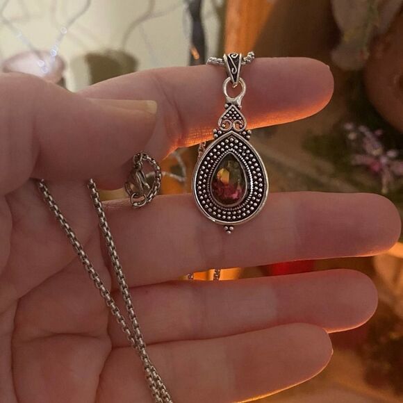 Bi-Color Tourmaline Green Pink Sterling Silver Pendant Necklace - Picture 3 of 4